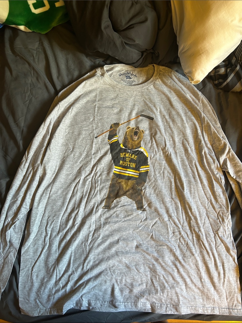 Champion Gray Long-Sleeve Tee with Yellow & Black Bear Graphic
